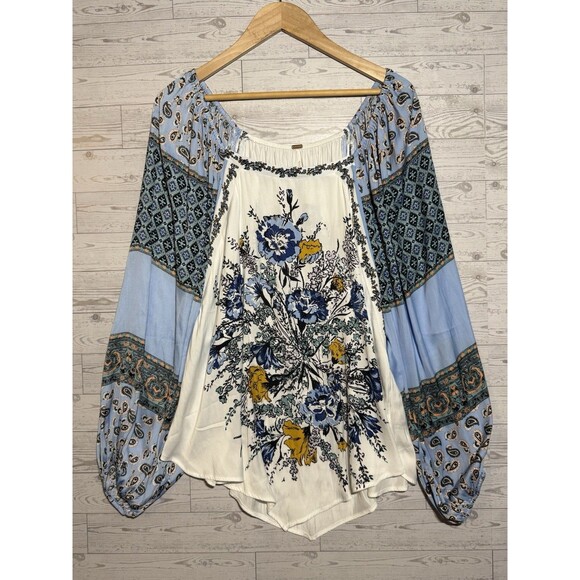 Free People Blue White Positano Print Peasant Floral Boho Blouse L/G, MSRP $128 - Picture 3 of 15